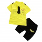 2 Pcs Set Baby Boys Gentleman Set Tie Epaulettes T shirt   Shorts yellow 110cm