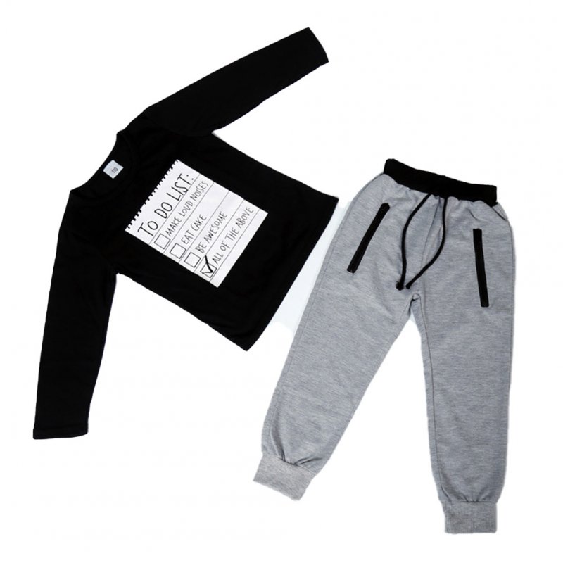 2 Pcs/set Boys Suit Letter Printing Long-sleeve T-shirt + Pants Suit for 3-8 Years Old black_130cm