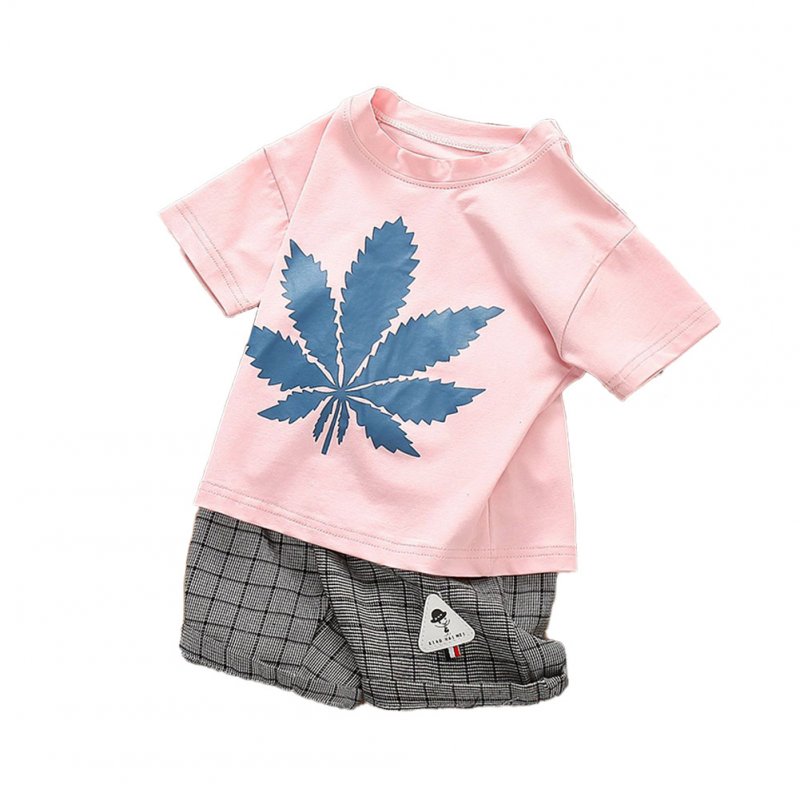 2 Pcs/set  Children's Suit Cotton Maple Leaf Pattern Short Sleeve + Plaid Shorts for 0-3 Years Old Kids Pink_110cm