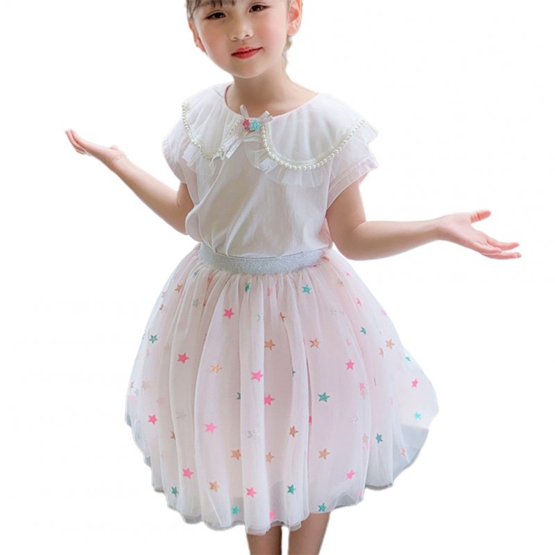 2 Pcs/set Girls Suit Lapel Short-sleeve Top + Star Mesh Skirt for 3-8 Years Old Girls Pink_140cm