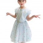 2 Pcs set Girls Suit Lapel Short sleeve Top   Star Mesh Skirt for 3 8 Years Old Girls Light blue 140cm