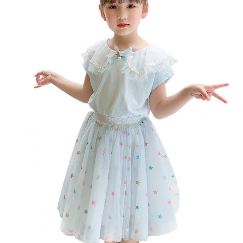 2 Pcs/set Girls Suit Lapel Short-sleeve Top + Star Mesh Skirt for 3-8 Years Old Girls Light blue_130cm