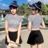 2 Pcs set Women  Split  Swimsuit Fashionable Boxer Anti exposure Conservative Slim Swimwear Black XL