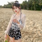 2 Pcs set Women Swimming Suit Sexy Printing Swimsuit  Overall black Int XL