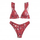 2 Pcs set Women Swimming Suit Printing Top  Shorts For Summer Beach red S