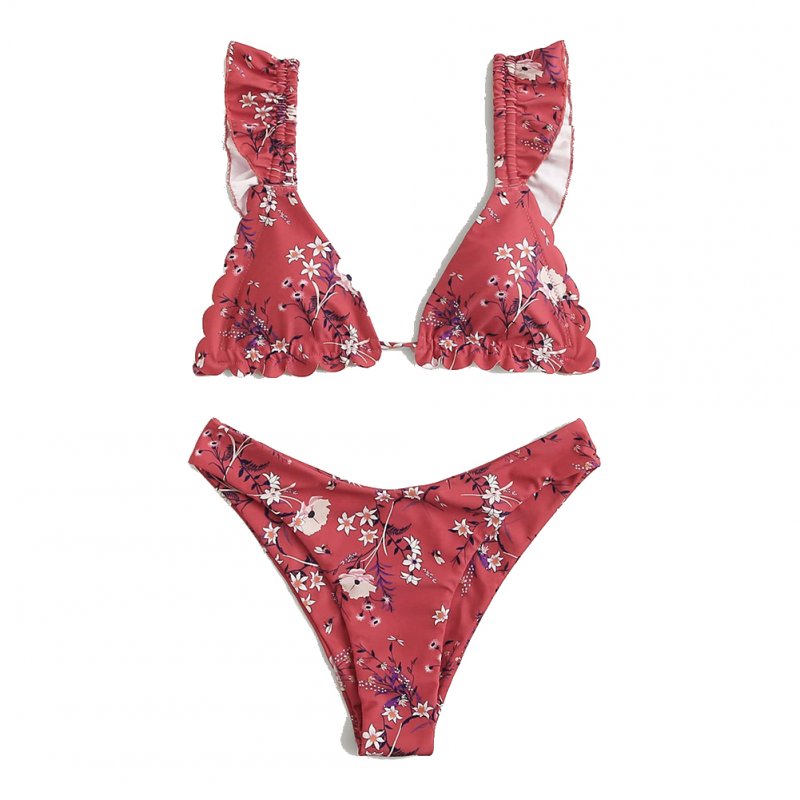 2 Pcs/set Women Swimming Suit Printing Top+ Shorts For Summer Beach red_M