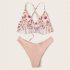 2 Pcs set Women Swimming Suit Sexy Printing Top  Solid Color Shorts Pink S