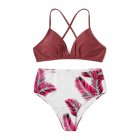 2 Pcs/set Women Swimming Suit Nylon Color Contrast Top+ High Waist Printing Shorts Photo Color_L