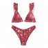 2 Pcs set Women Swimming Suit Printing Top  Shorts For Summer Beach red M