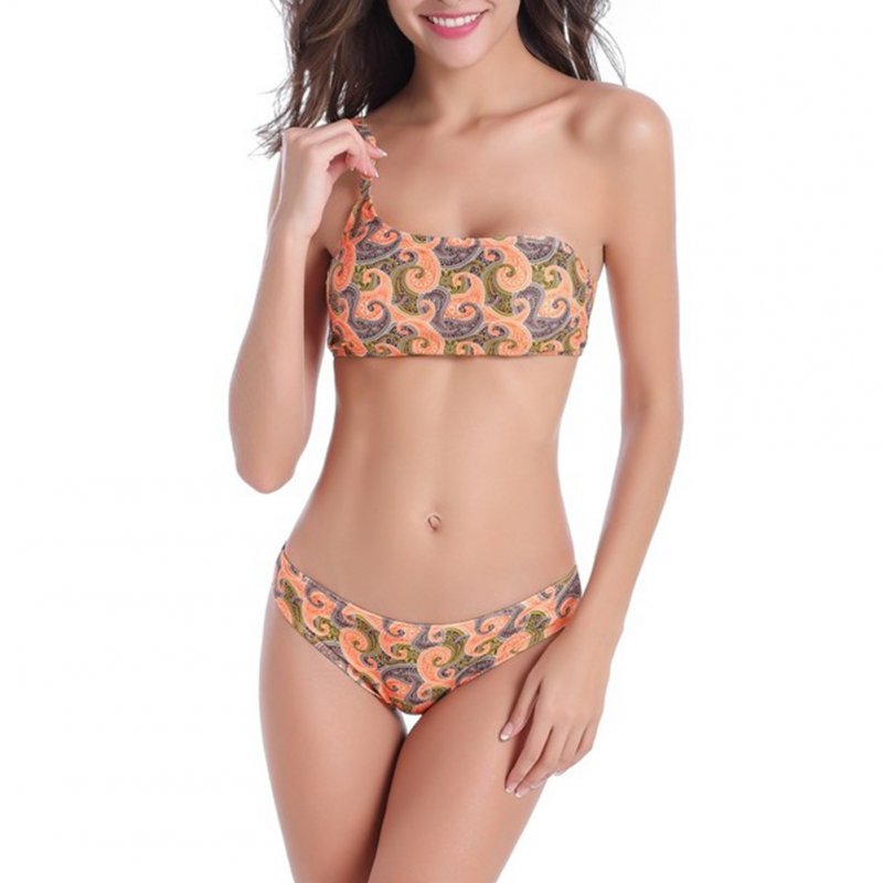 2 Pcs/set Women Swimming Suit Sexy Oblique Shoulder Floral Pattern Bikini Swimsuit Orange flower_m