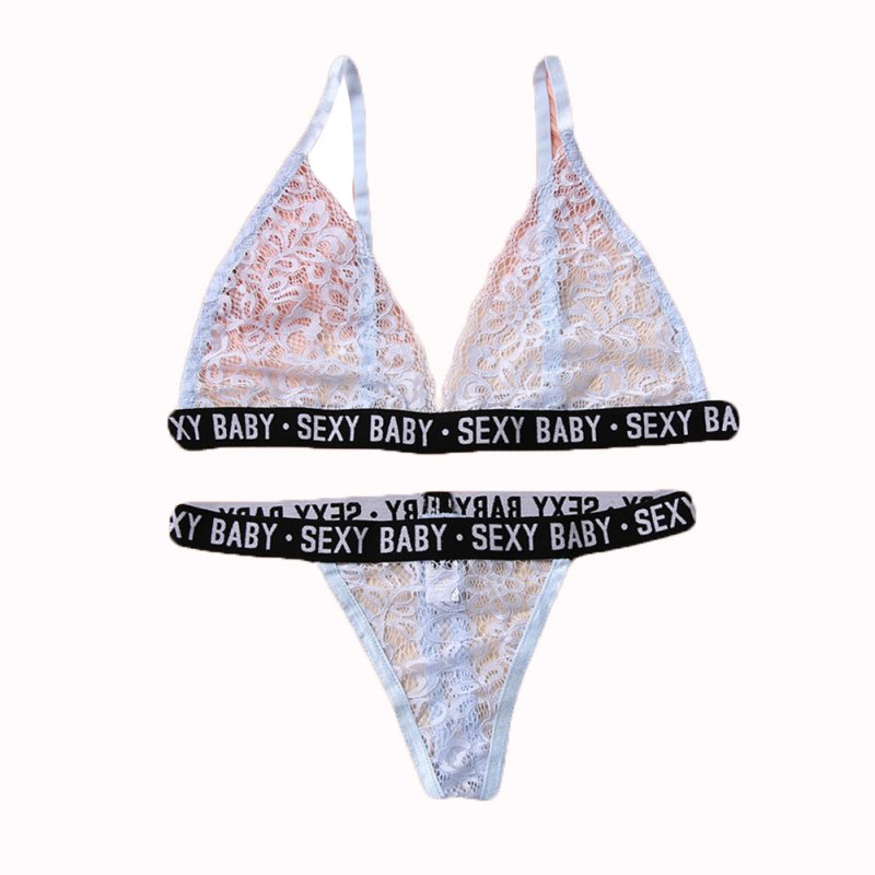 2 Pcs/set Women Underwear Lace Sexy Letter Printing Lingerie Set Bra+ Underpants white_XXXL