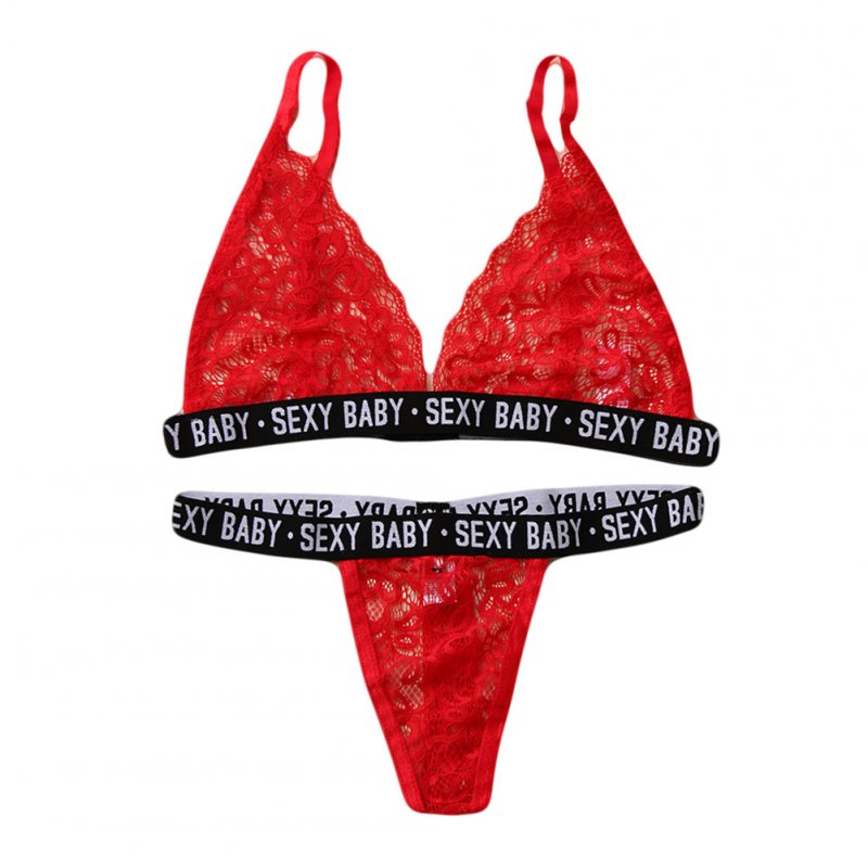 2 Pcs/set Women Underwear Lace Sexy Letter Printing Lingerie Set Bra+ Underpants red_M