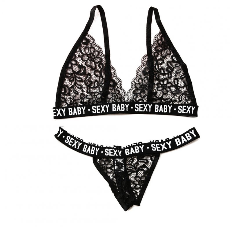 2 Pcs/set Women Underwear Lace Sexy Letter Printing Lingerie Set Bra+ Underpants black_S