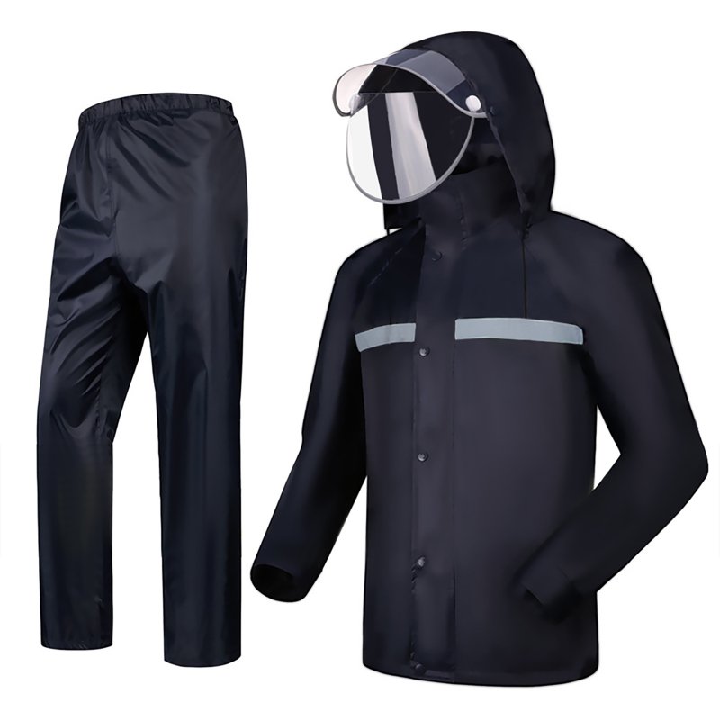 2 Pieces Split Raincoat Long Sleeve Drawstring Cap Raincoat Top With Reflective Tape Pockets Long Rain Pants For Camping Hiking D XL