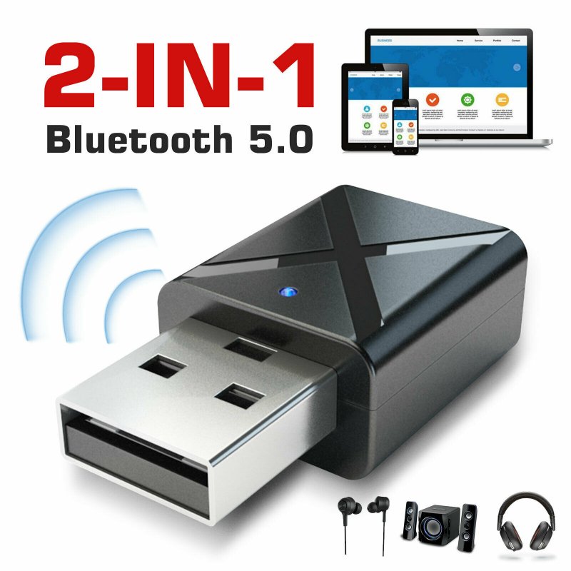 2-in-1 Bluetooth 5.0 Transmitter Receiver Usb Wireless Stereo Audio Adapter Pc Tv Black