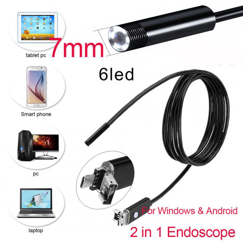 2 in 1 HD Waterproof 6LEDs 7/8mm Micro USB Android Endoscope Inspection Camera  7mm
