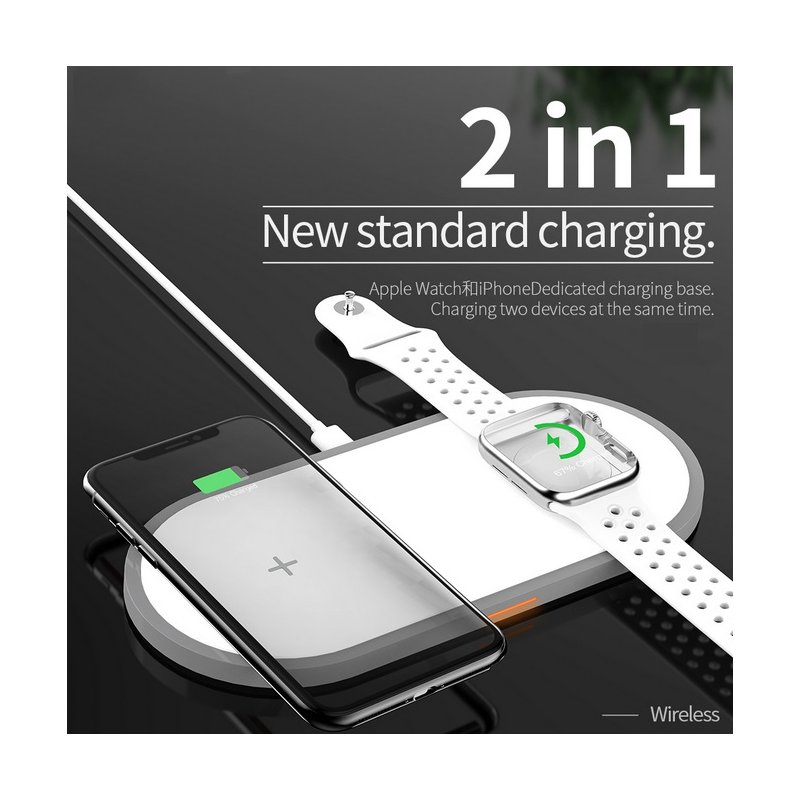 2-in-1 Wireless Charger for Apple iPhone/iWatch/AirPods Safety and Fast Charging Portable Charger Travel Power Supply white