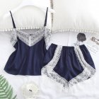 2 pcs/set Women's Sleepwear Sexy Satin Lace V-neck Pyjama Suit Sleeveless Camisole Top + Shorts Navy blue_2XL