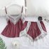 2 pcs set Women s Sleepwear Sexy Satin Lace V neck Pyjama Suit Sleeveless Camisole Top   Shorts Red bean paste M