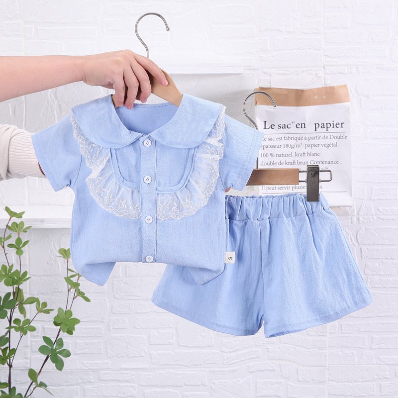 2-piece Baby Girls Short-sleeved Lace Shirt Shorts Outfits Cute Cotton Button Down Top Baby Summer Suit blue 0-1Y 80cm