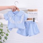 2-piece Baby Girls Short-sleeved Lace Shirt Shorts Outfits Cute Cotton Button Down Top Baby Summer Suit blue 2-3Y 100cm