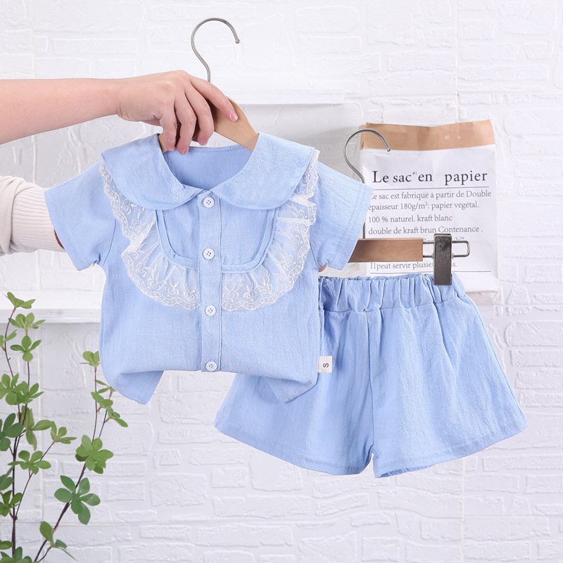 2-piece Baby Girls Short-sleeved Lace Shirt Shorts Outfits Cute Cotton Button Down Top Baby Summer Suit blue 2-3Y 100cm