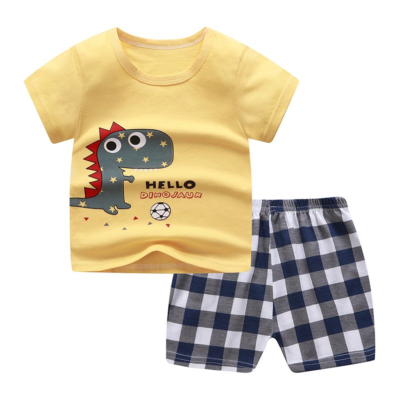 2-piece Boys Round Neck Short Sleeves T-shirt Shorts Two-piece Set Breathable Cotton Suit yellow-dinosaur 1-2Y 80cm