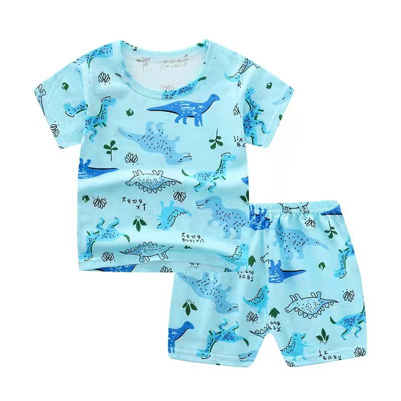 2-piece Boys Round Neck Short Sleeves T-shirt Shorts Two-piece Set Breathable Cotton Suit Leaf Dinosaur 2-3Y 90cm