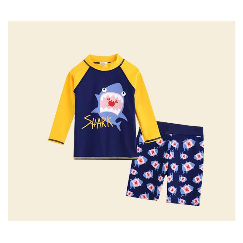 2-piece Children Split Swimsuit Boys Long Sleeves Diving Suit Cartoon Sunscreen Quick-drying Swimwear For Hot Spring yellow shark 7-8Y XL