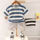2-piece Children T-shirt Shorts Set Trendy Short Sleeves Striped Printing Round Neck Shirt Shorts Suit Navy blue 2-3Y 100cm