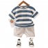 2 piece Children T shirt Shorts Set Trendy Short Sleeves Striped Printing Round Neck Shirt Shorts Suit Navy blue 4 5Y 110cm