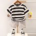 2 piece Children T shirt Shorts Set Trendy Short Sleeves Striped Printing Round Neck Shirt Shorts Suit Navy blue 4 5Y 110cm