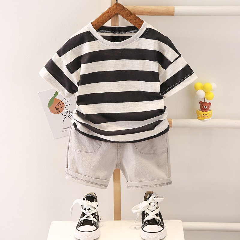 2-piece Children T-shirt Shorts Set Trendy Short Sleeves Striped Printing Round Neck Shirt Shorts Suit black 0-1Y 80cm