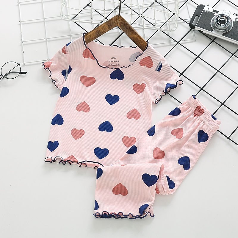 2-piece Kids Baby Pajamas Kit Short Sleeve Shirt Long Pants Summer Air-conditioning Home Clothes Sleepwear pink 4-5Y 100cm