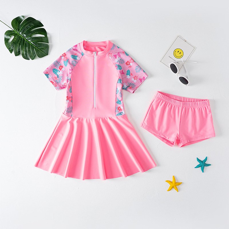 2-piece Kids Girl Split Swimsuit Swimwear Short Sleeve Skirt With Shorts Cute Baby Hot Spring Swimming Suit H27 5-6Y XL height 100-110cm
