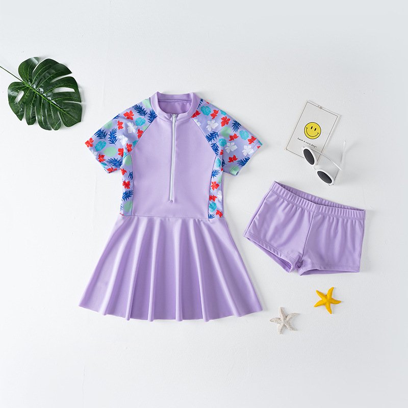 2-piece Kids Girl Split Swimsuit Swimwear Short Sleeve Skirt With Shorts Cute Baby Hot Spring Swimming Suit H28 9-10Y 3XL height 120-130cm