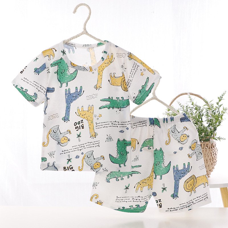 2-piece Kids Pajama Set Summer Breathable Air-conditioned Short Sleeves Shirt Shorts Outfit For Boys Girls green 0-1Y 80cm