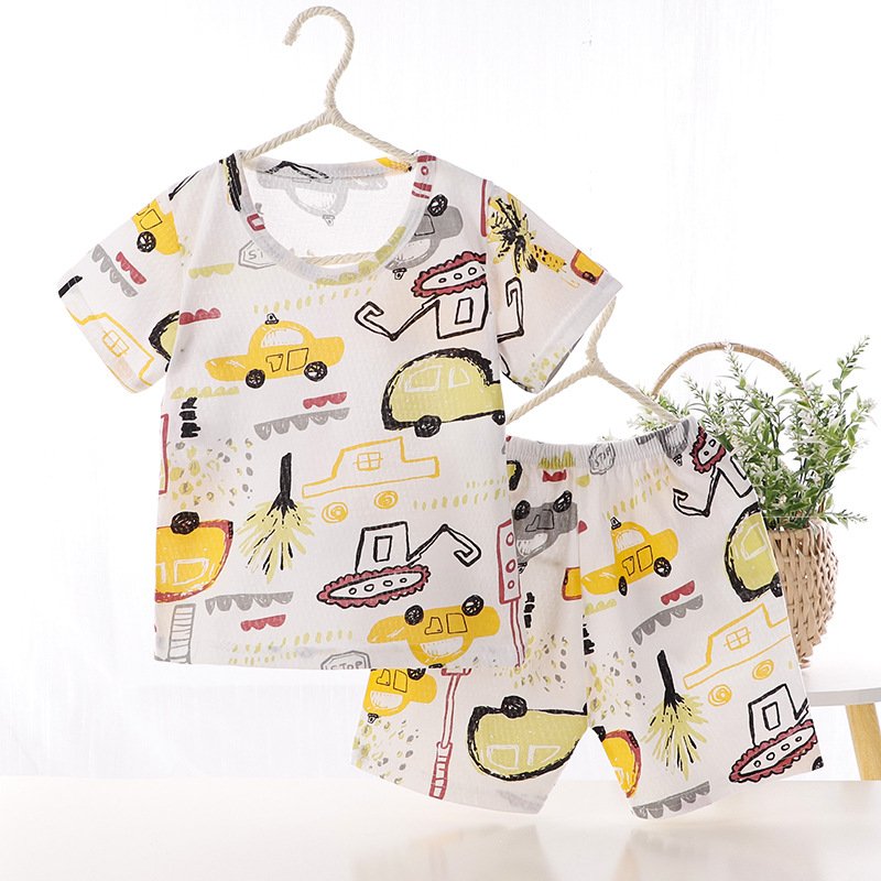 2-piece Kids Pajama Set Summer Breathable Air-conditioned Short Sleeves Shirt Shorts Outfit For Boys Girls Excavator 5-6Y 110cm