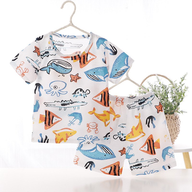 2-piece Kids Pajama Set Summer Breathable Air-conditioned Short Sleeves Shirt Shorts Outfit For Boys Girls sea fish 5-6Y 110cm