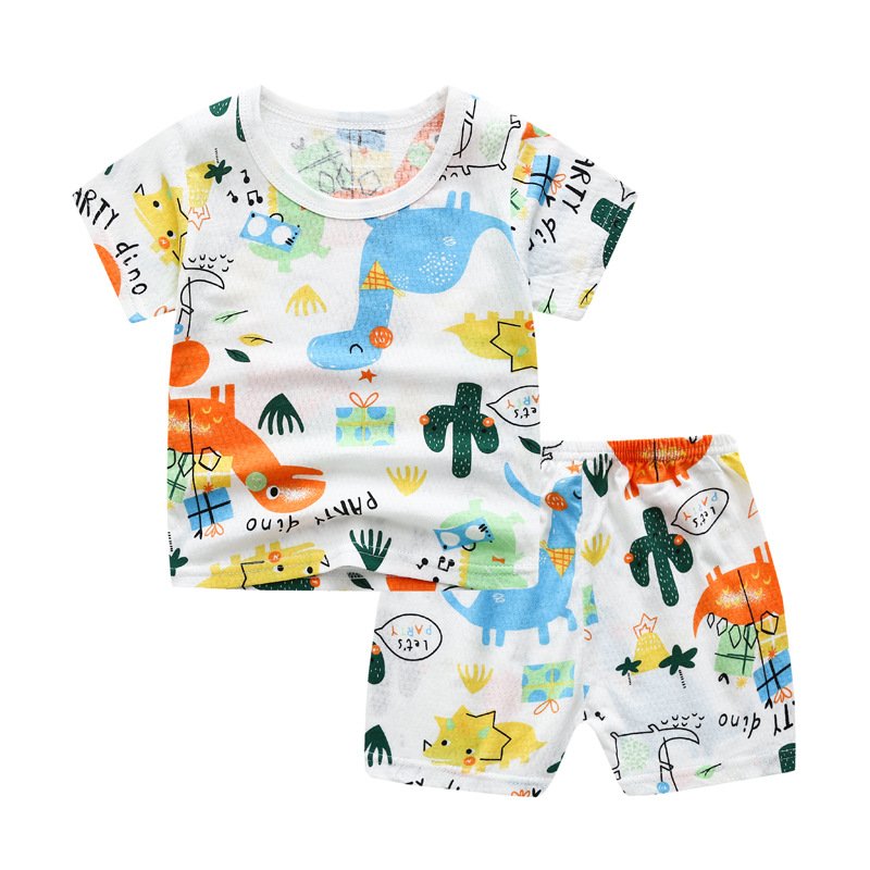 2-piece Kids Pajama Set Summer Breathable Air-conditioned Short Sleeves Shirt Shorts Outfit For Boys Girls white-dinosaur 5-6Y 110cm