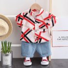 2-piece Summer Cotton Suit For Boys Casual Short Sleeves Trendy Lapel Cardigan Shirt Denim Shorts Two-piece Set red 2-3Y 100cm