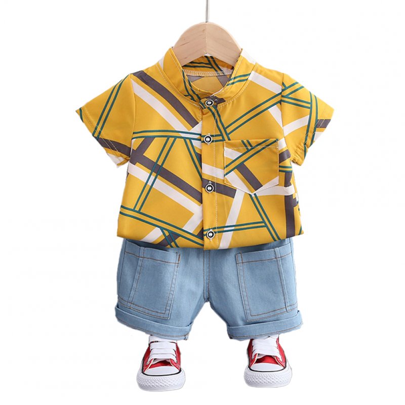 2-piece Summer Cotton Suit For Boys Casual Short Sleeves Trendy Lapel Cardigan Shirt Denim Shorts Two-piece Set yellow 2-3Y 100cm