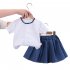 2 piece Toddler Kids Girls Short Sleeve Floral Shirt Top Denim Skirt Outfits Cotton Baby Summer Suit red 1Y 80cm