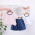 2 piece Toddler Kids Girls Short Sleeve Floral Shirt Top Denim Skirt Outfits Cotton Baby Summer Suit red 1Y 80cm