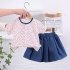 2 piece Toddler Kids Girls Short Sleeve Floral Shirt Top Denim Skirt Outfits Cotton Baby Summer Suit red 1Y 80cm
