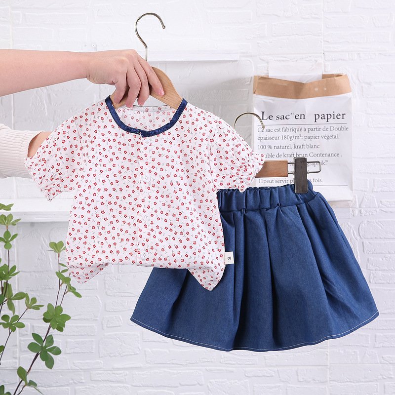 2-piece Toddler Kids Girls Short Sleeve Floral Shirt Top Denim Skirt Outfits Cotton Baby Summer Suit red 3Y 100cm