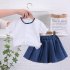 2 piece Toddler Kids Girls Short Sleeve Floral Shirt Top Denim Skirt Outfits Cotton Baby Summer Suit blue 2Y 90cm