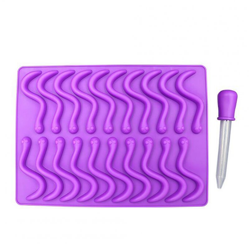 20 Cavity Silicone Worms Shape Mold Sugar Candy Jelly Molds Ice Tube Tray Baking Cake Tools Worm Mold Purple + Dropper