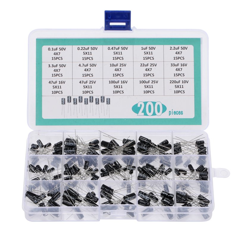 200 Pcs/set 15 Value  Electrolytic  Capacitor  Assortment  Box  Kit Range 0.1uf-220uf White