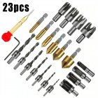 23pcs Woodworking Chamfer Drilling Tool Set Including 3-Point Countersink Drill Bit 8pcs Wood Plug Cutters 6pcs Countersink Drill Bits 1pcs L-Wrench 1pcs Center Punch